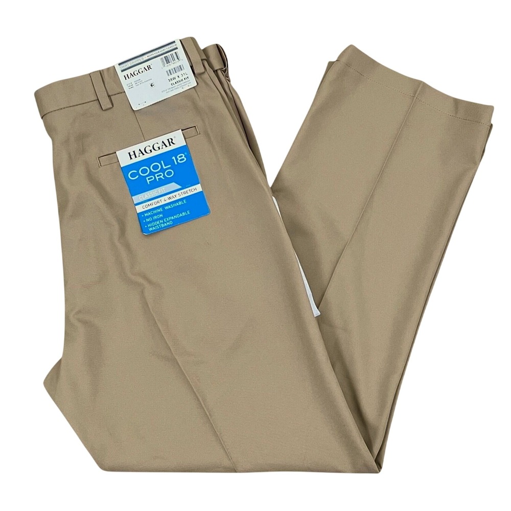 New Haggar Cool 18 Pro Dress Pants 38x31 Khaki Gabardine Classic Fit Non Iron